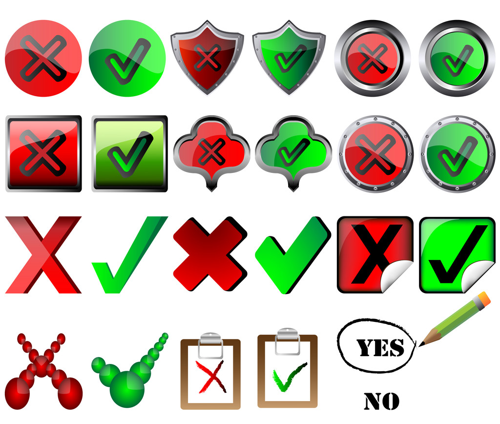 τσιμπούρι και σταυρό σημάδια σωστό και το λάθος κουμπί σημάδια μολύβι επιλέγοντας Ναι εικονογράφηση φορέας - Διάνυσμα, εικόνα