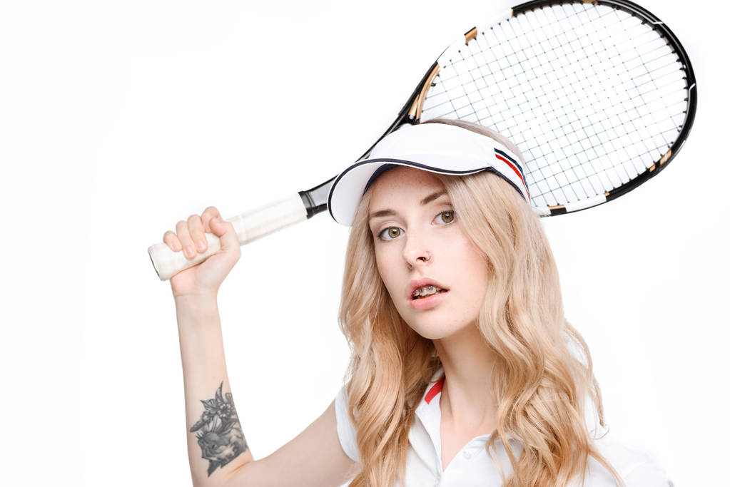 テニス ラケットを持つ若い女 - 写真・画像