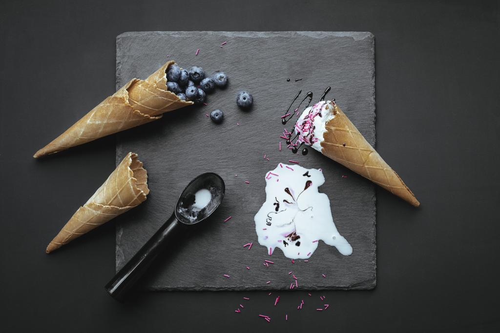 jäätelöä ja mustikoita vohvelikekseissä
 - Valokuva, kuva
