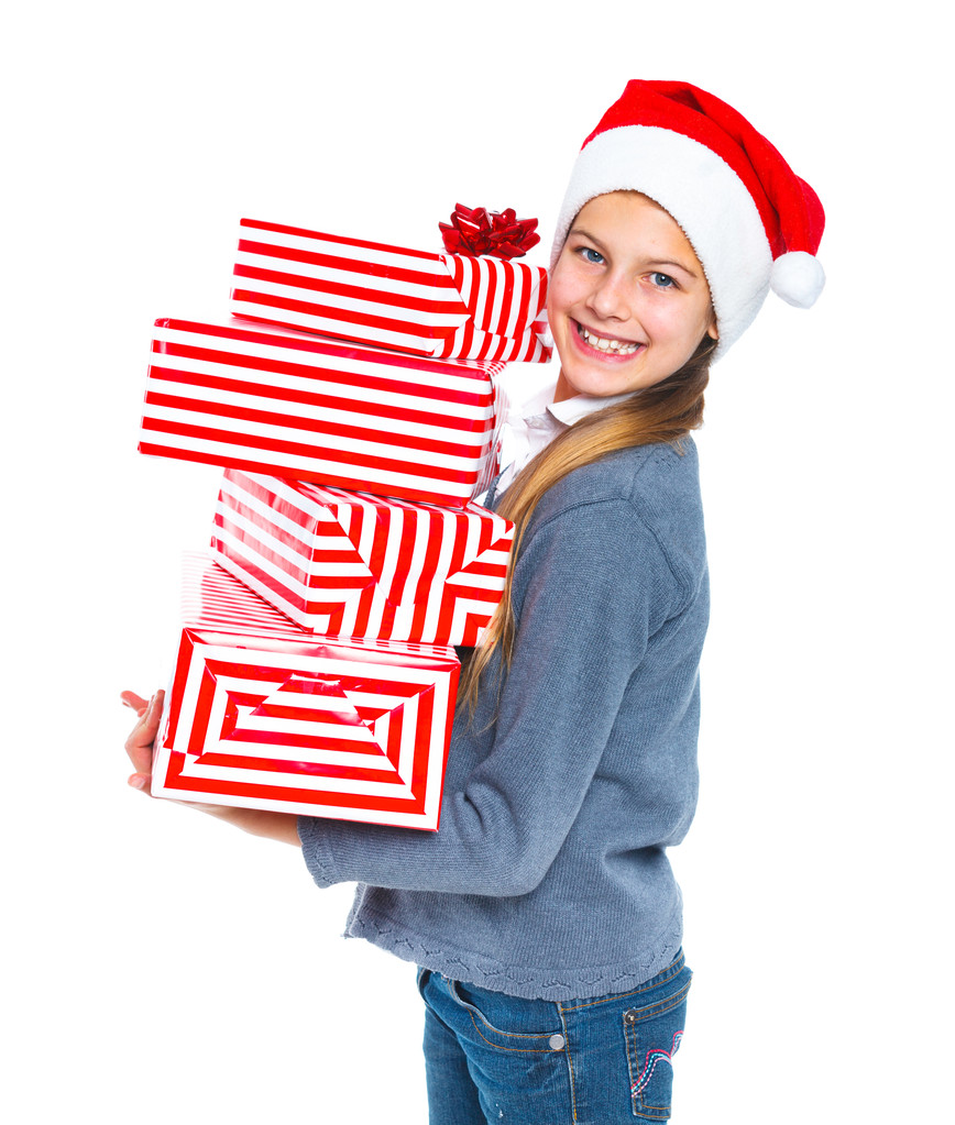 Söpö tyttö Joulupukin hattu lahjapaketti
 - Valokuva, kuva