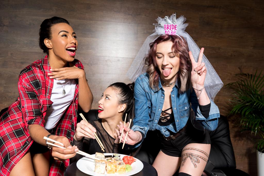 multicultural women with sushi at hen party - Photo, Image