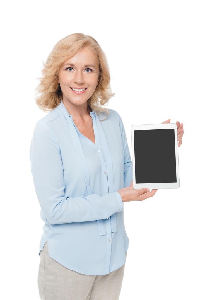 жінка показує порожній планшет
 - Фото, зображення
