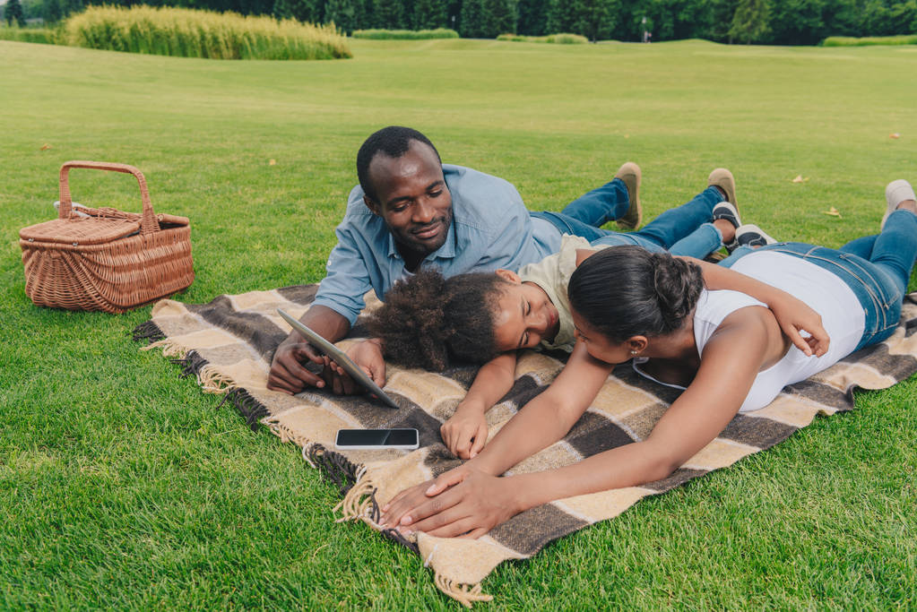 ピクニックを持っているアフリカ系アメリカ人の家族 - 写真・画像