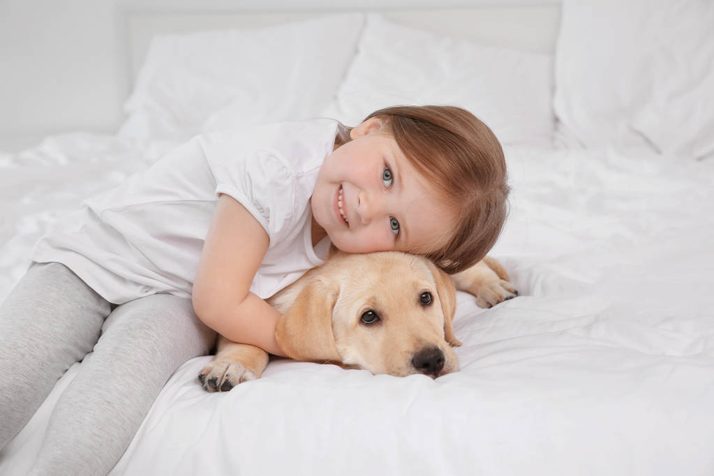 Roztomilé dítě s Labradorský retrívr na posteli - Fotografie, Obrázek