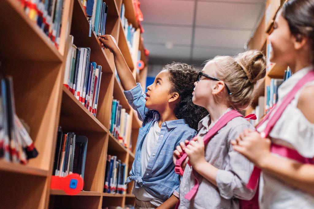 школьницы ищут книги в библиотеке
 - Фото, изображение