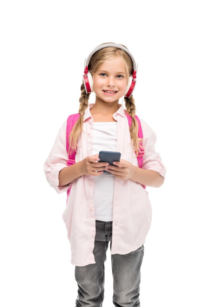 školačka s smartphone a sluchátka - Fotografie, Obrázek