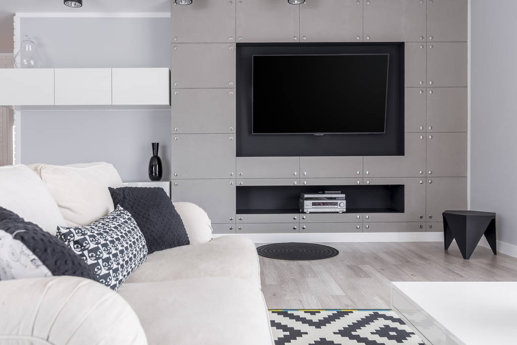Sala de estar gris con TV
 - Foto, Imagen