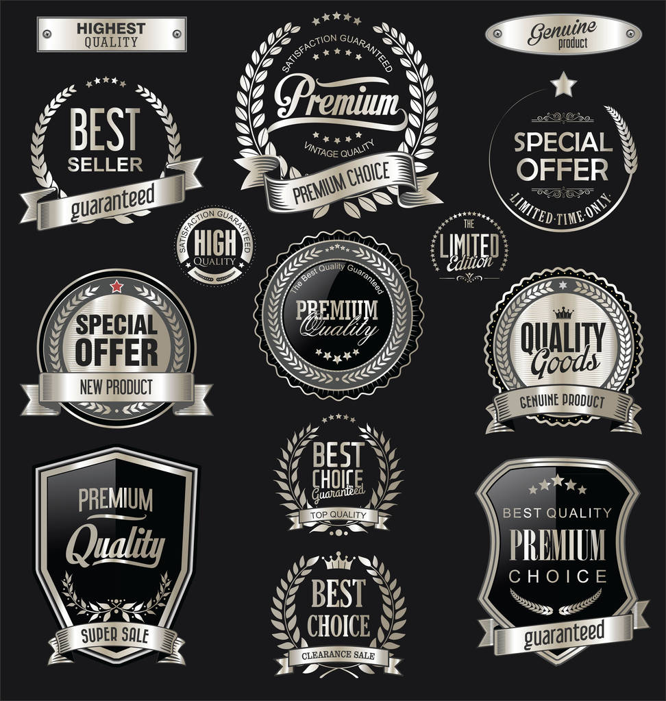 Luxe badges en etiketten met lauwerkrans zilver collectie - Vector, afbeelding