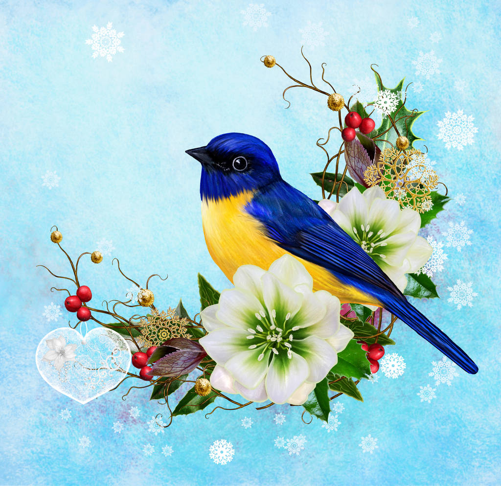 The bright  bird tit, white flower hellebore, weaving from twigs, gold ornaments, winter background, Christmas composition.  - Photo, Image