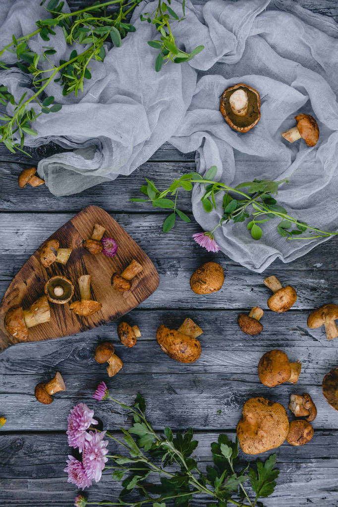 Funghi su tavola di legno fiori e foglie
 - Foto, immagini