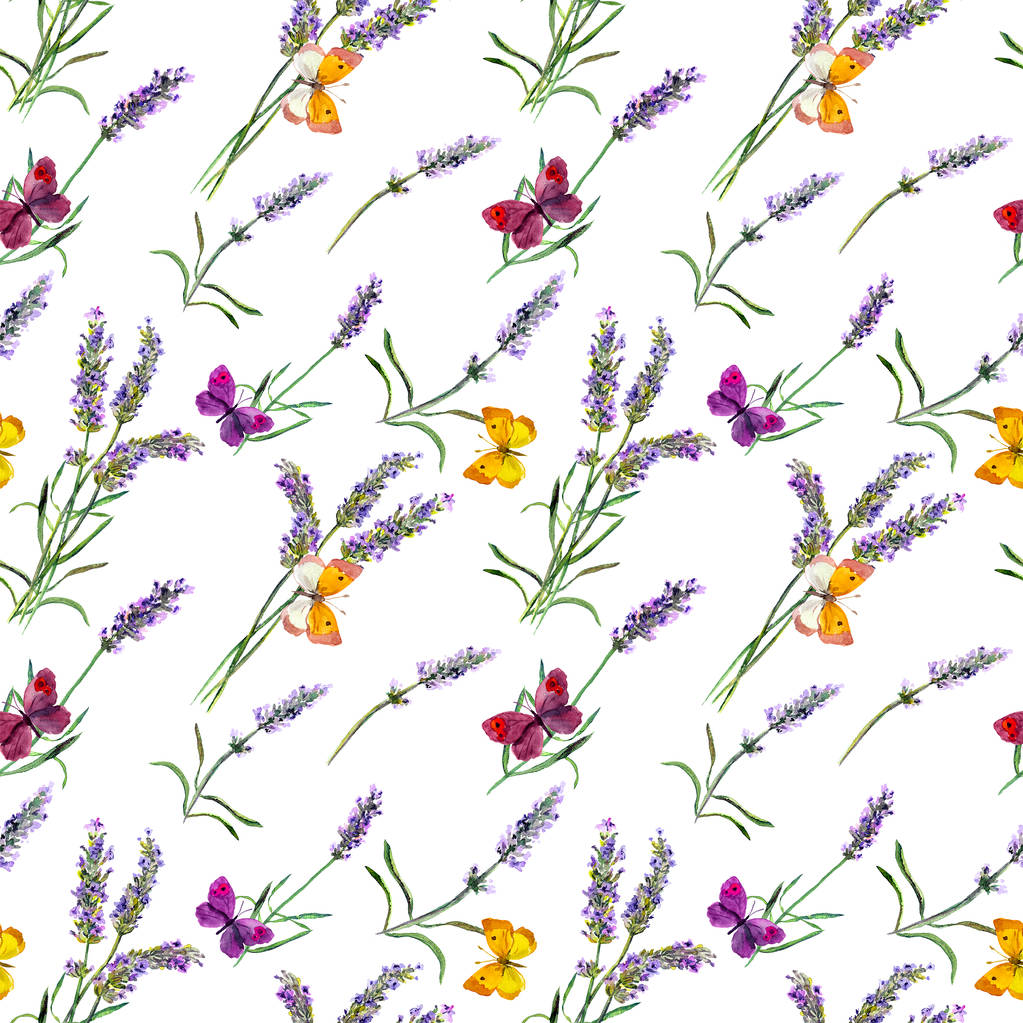Лавандовые цветы, бабочки. Бесшовный рисунок акварели
 - Фото, изображение