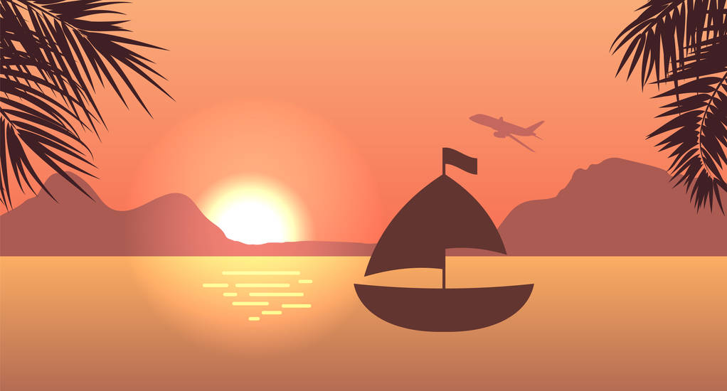 Auringonnousu tai auringonlasku, meri, vuori ja palmut. Tulosta, Luo videoita tai Web Graafinen suunnittelu
 - Vektori, kuva