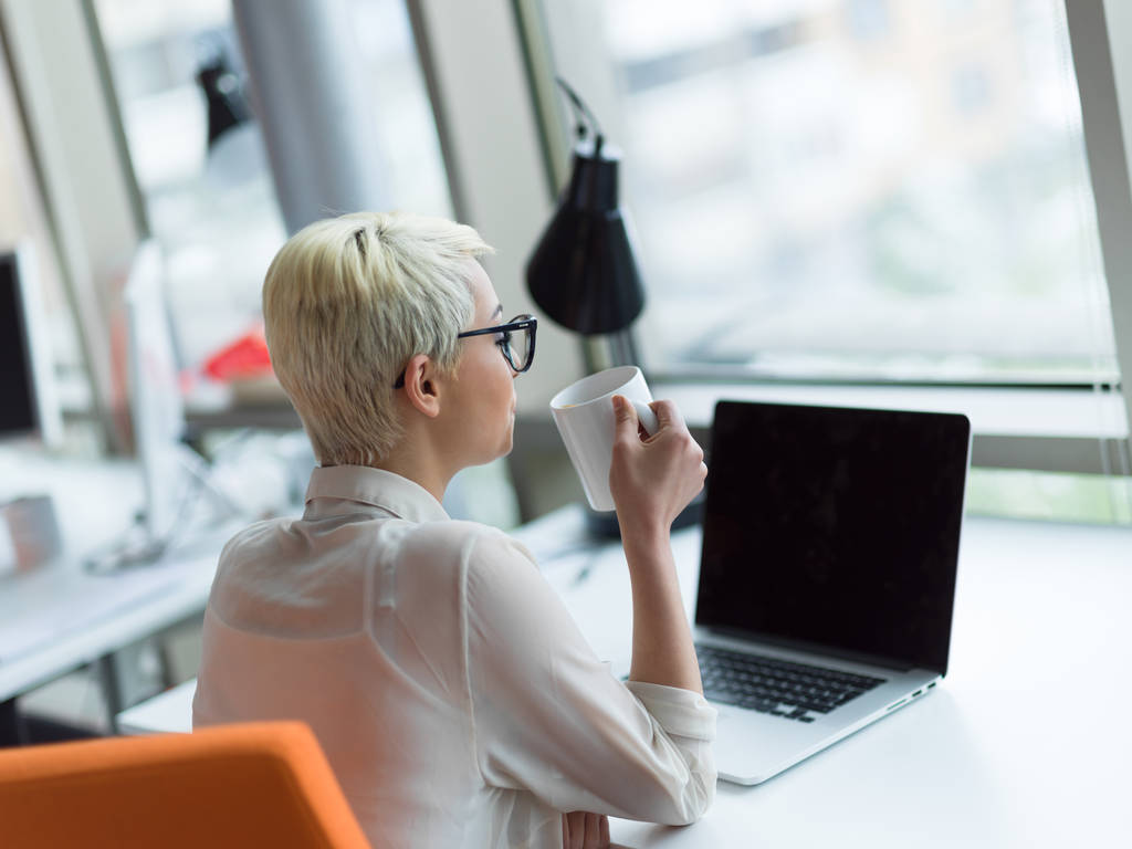 başlangıç ofisinde bir dizüstü bilgisayar kullanarak iş kadını - Fotoğraf, Görsel