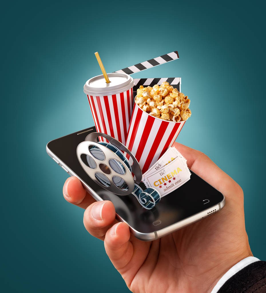 Smartphone applicatie voor het online kopen en reserveren van bioscoopkaartjes. Live kijken naar films en video. Ongewone 3d illustratie van popcorn, bioscoop reel, wegwerp cup, klepel en tickets op smarthone - Foto, afbeelding