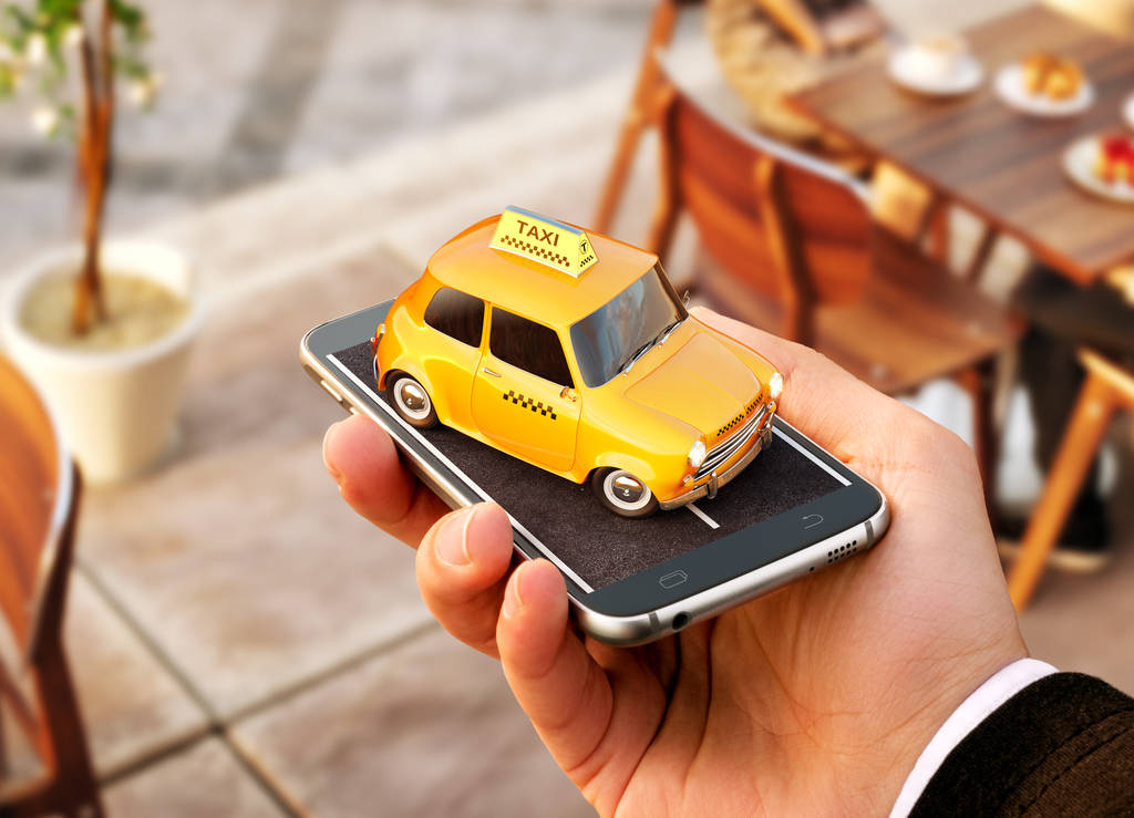 Aplicação Smartphone de serviço de táxi para pesquisa on-line chamar e reservar um táxi. Ilustração 3D incomum de táxi táxi no telefone inteligente na mão
. - Foto, Imagem