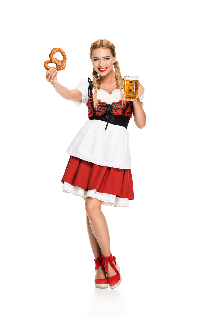 chica con cerveza y pretzel
 - Foto, imagen