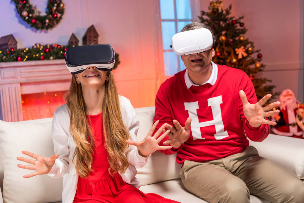 father and daughter in vr headsets - Photo, Image