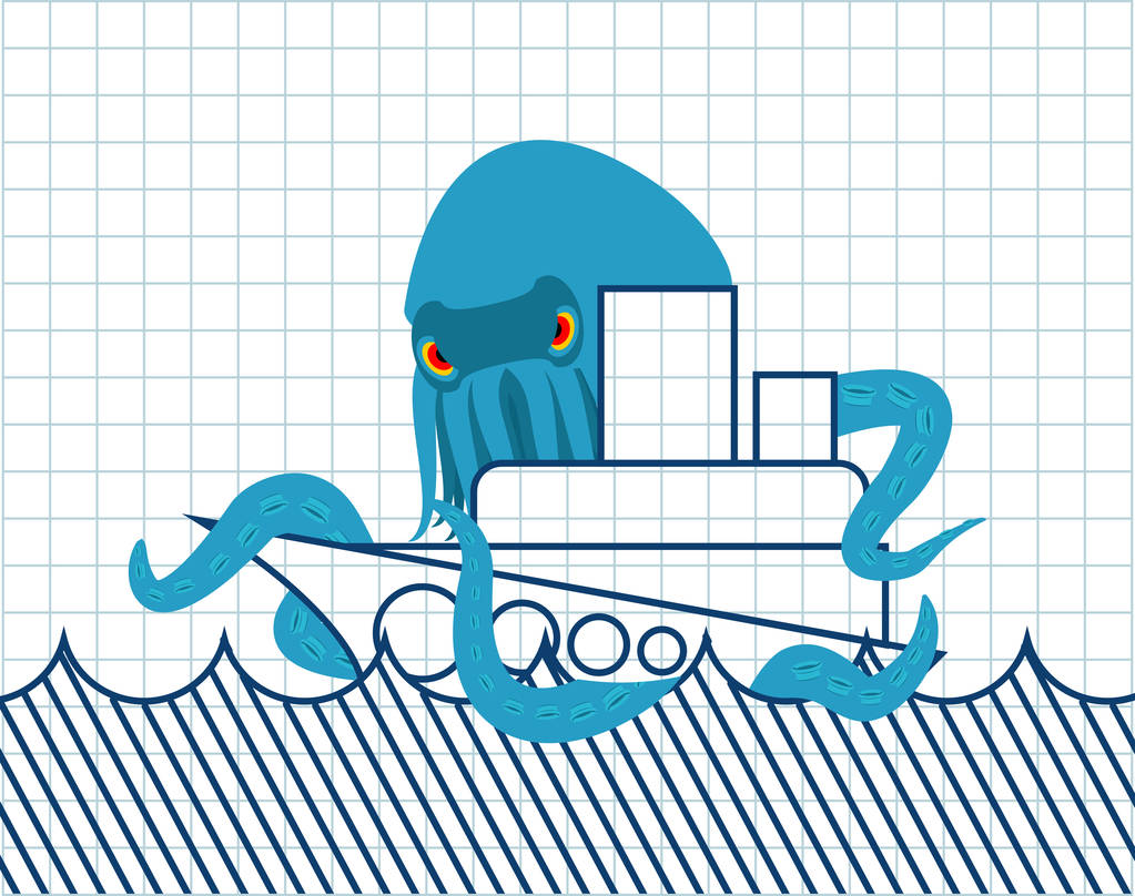 Chobotnice a loď vykreslen. Nádoby a monster. Strašidelné poulpe. Notebo - Vektor, obrázek