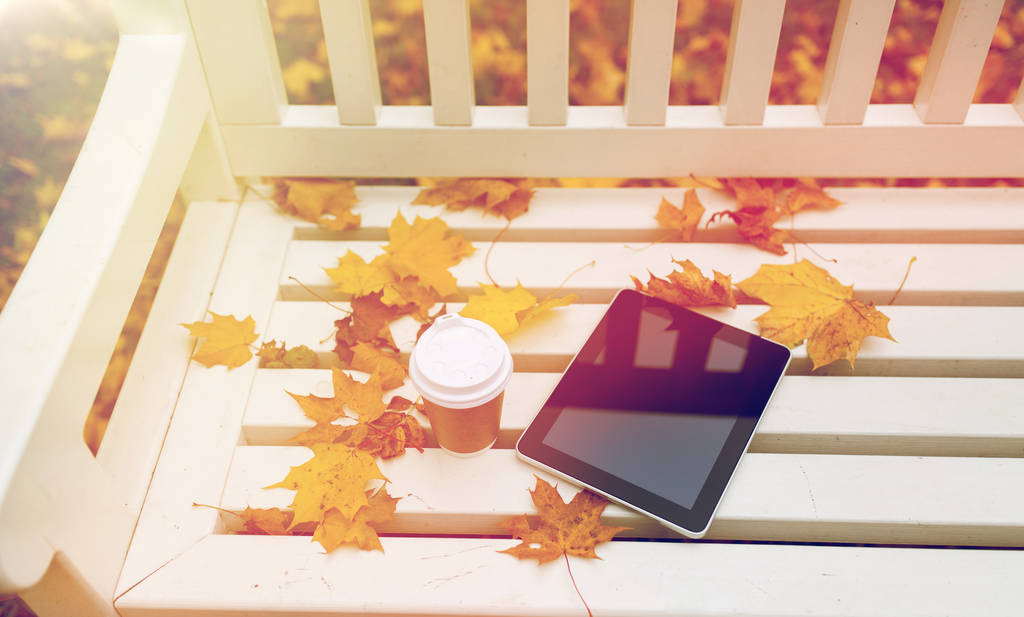 Tablet pc i kawa kubek na ławce w parku jesień - Zdjęcie, obraz
