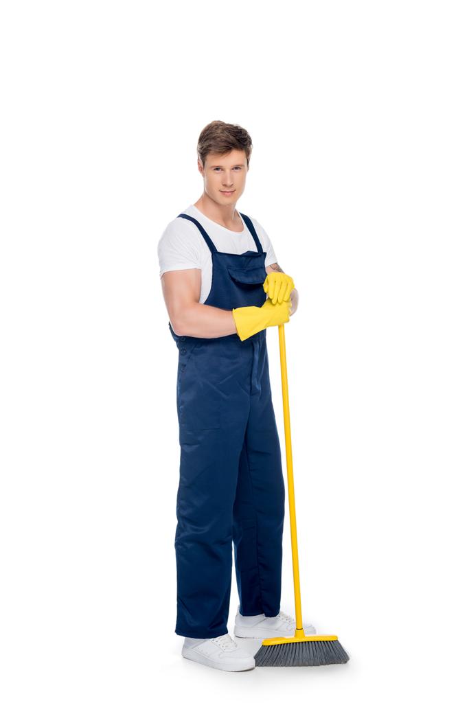 cleaner in rubber gloves with broom - Photo, Image