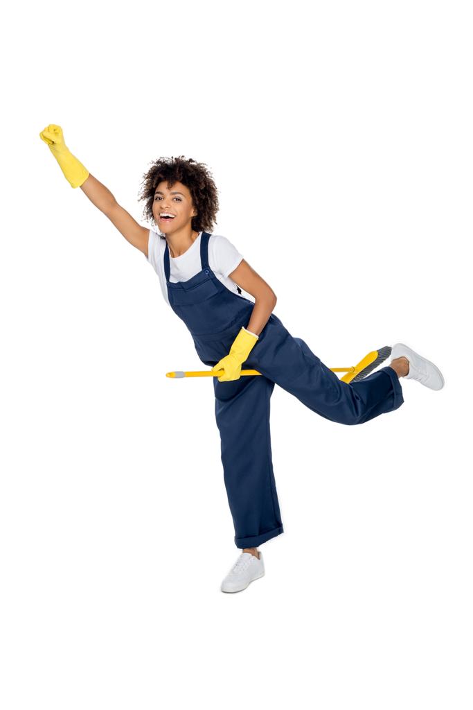 african american female cleaner with broom - Photo, Image