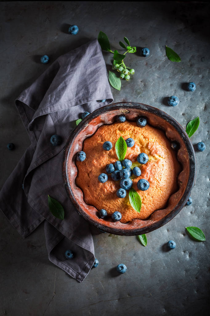 Homemade and rustic blueberries cake made of fresh ingredients - Photo, Image