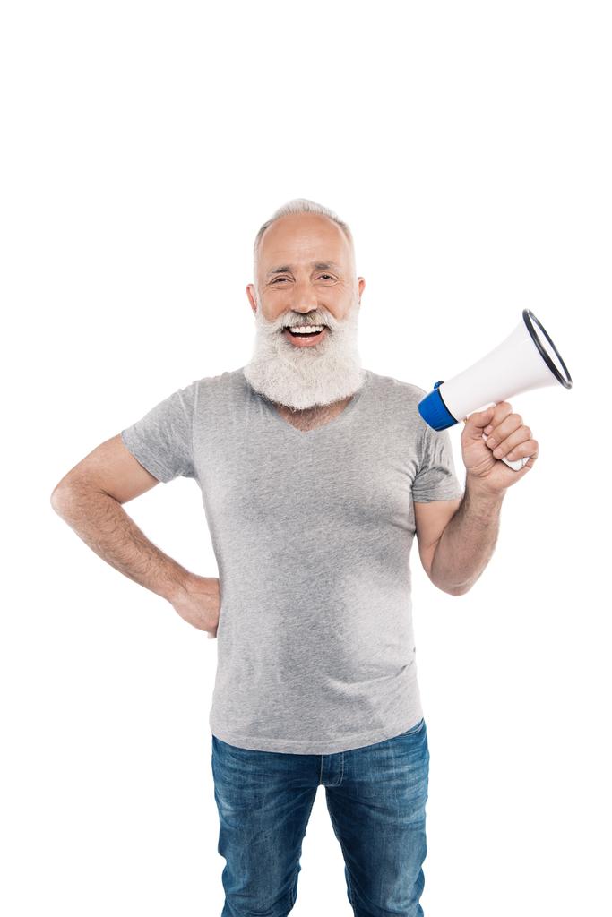 homme âgé joyeux avec haut-parleur
 - Photo, image