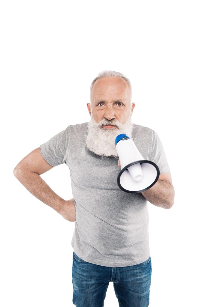 hombre mayor enojado con altavoz
 - Foto, imagen