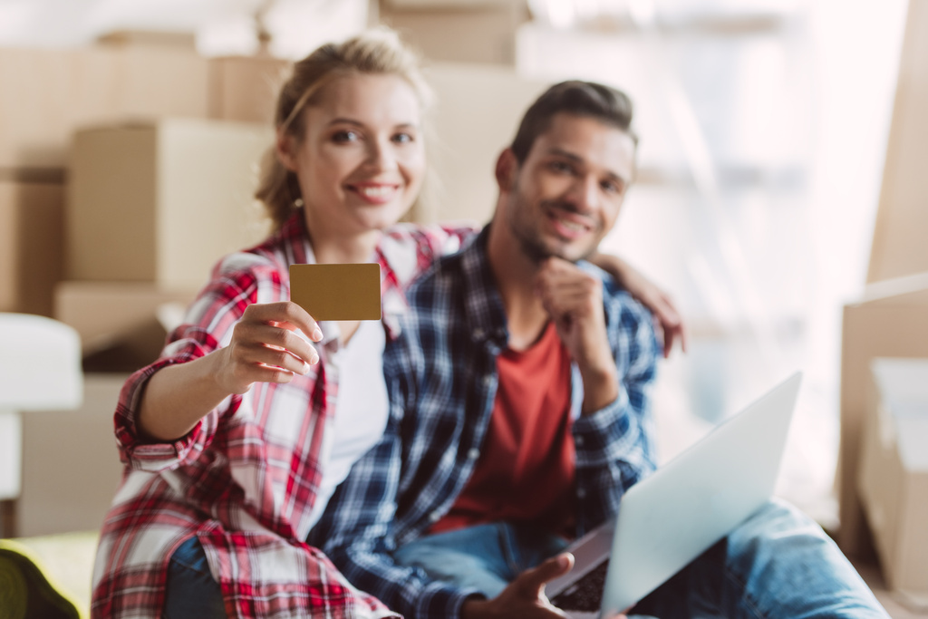 couple with laptop and credit card - Photo, Image