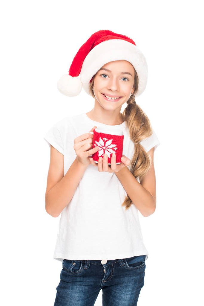 adolescente en santa hat con café
 - Foto, Imagen