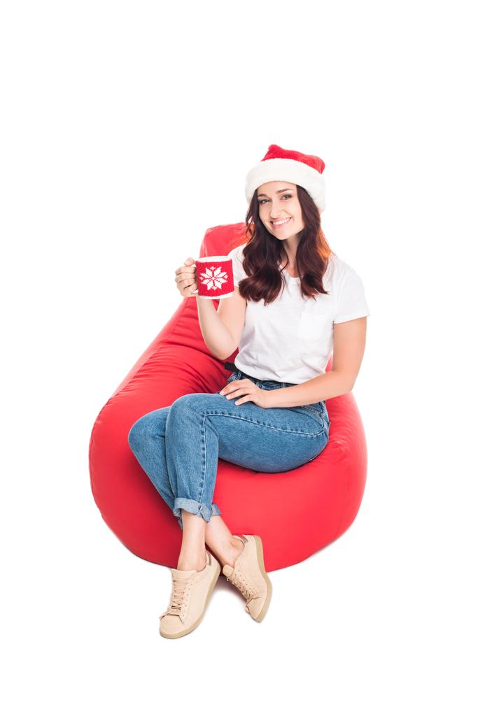 Nainen Santa hattu kahvia
 - Valokuva, kuva