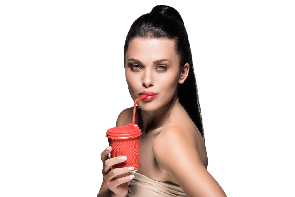 mujer con taza de café rojo desechable
 - Foto, Imagen