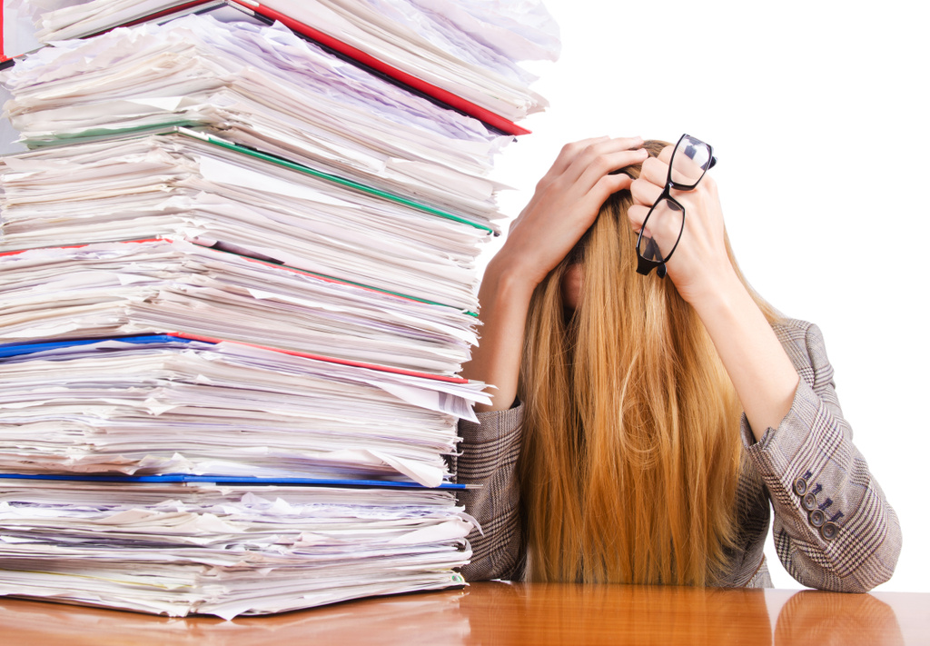 Busy woman with stacks of paper - Zdjęcie, obraz