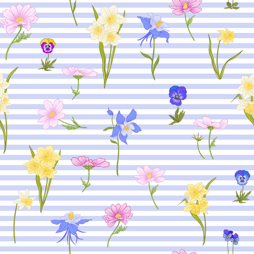 Naadloze patroon met narcissen, anemonen, viooltjes in botanische - Vector, afbeelding