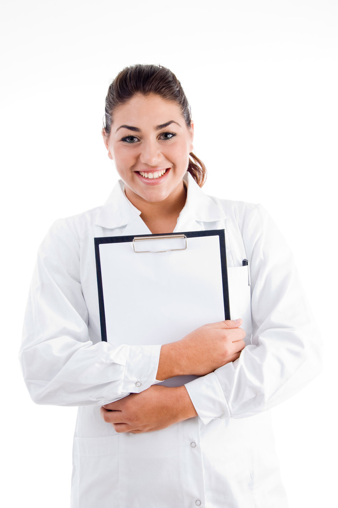 Sonriente médico sosteniendo almohadilla de escritura
 - Foto, imagen
