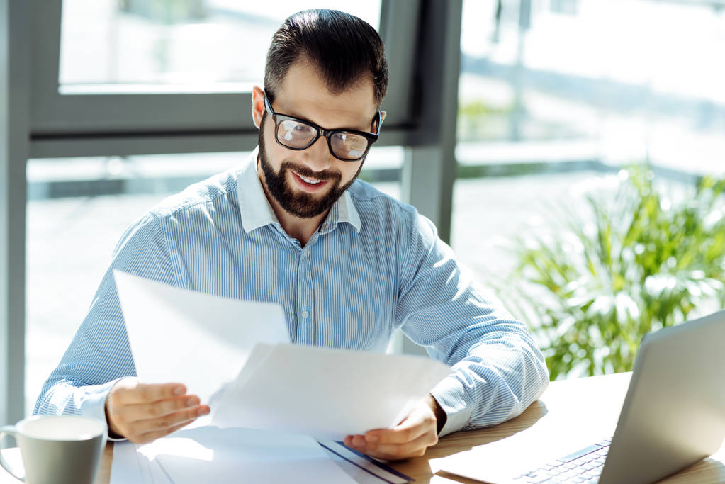 Cheerful bearded man looking through documents - Photo, Image