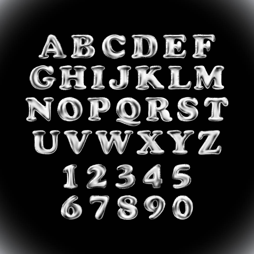Srebrny błyszczący angielski alfabet i cyfry z szarego balony na czarnym tle. wakacje i edukacji - Wektor, obraz