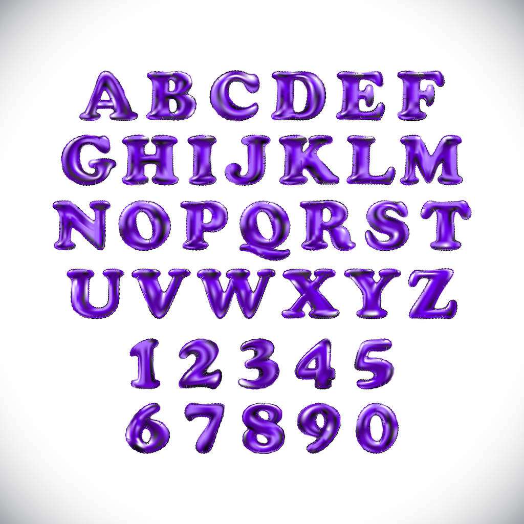English alphabet and numerals from purple, violet balloons on a white background. holidays and education - Vector, Image