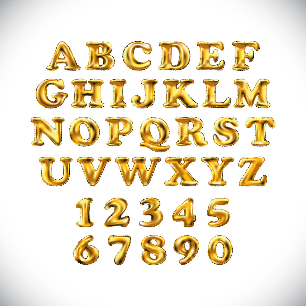 Angielski alfabet i cyfry z żółtym balonów złote na białym tle. wakacje i edukacji - Wektor, obraz