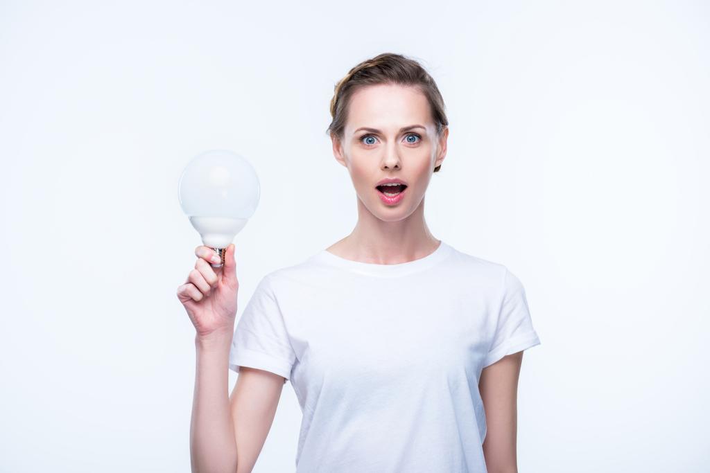 shocked woman with light bulb - Photo, Image