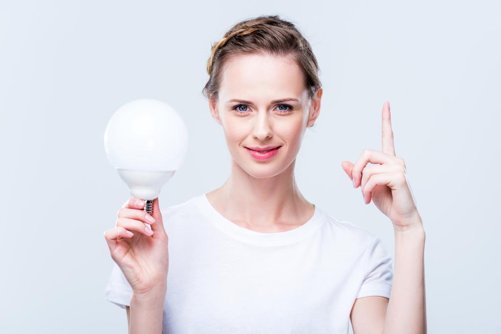 attractive woman with light bulb - Photo, Image