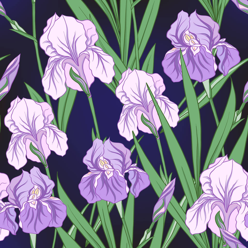 Patrón sin costuras con iris púrpura en estilo japonés. Vector stoc
 - Vector, Imagen