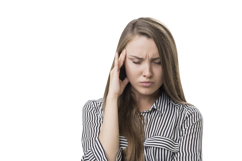 Gestresste Geschäftsfrau mit Kopfschmerzen isoliert - Foto, Bild