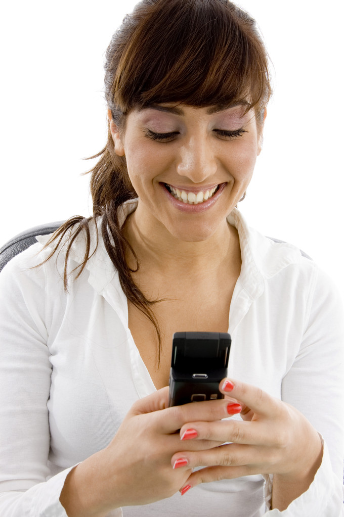 Contador feminino feliz usando telefone celular
 - Foto, Imagem