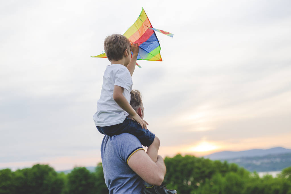 Ojciec i dziecko na łące z latawcem w lecie - Zdjęcie, obraz