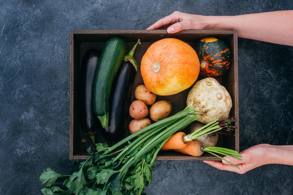 Caja con verduras en las manos
 - Foto, Imagen