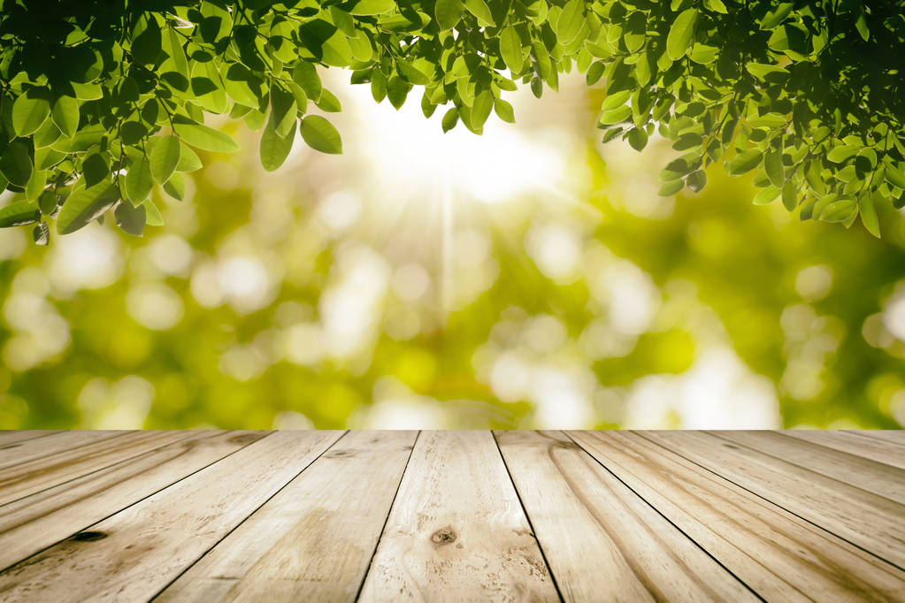 Natural wood table top on Green leaves with nature blurred in ba - Photo, Image