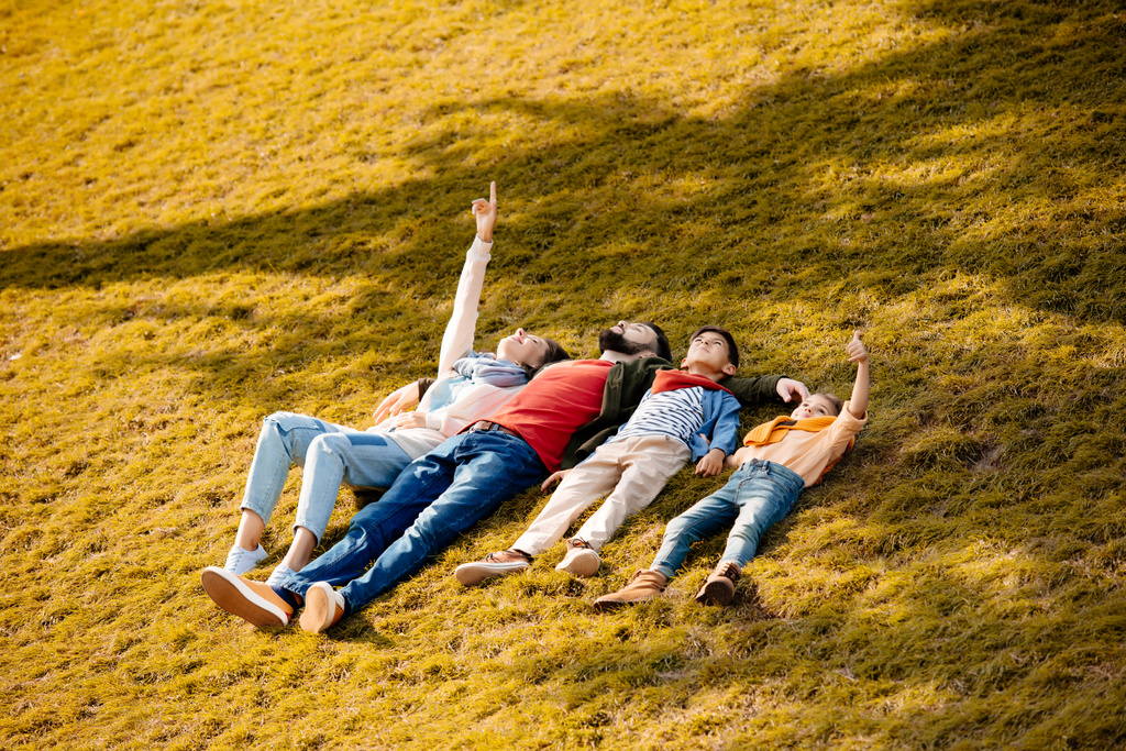 Família descansando na grama
 - Foto, Imagem