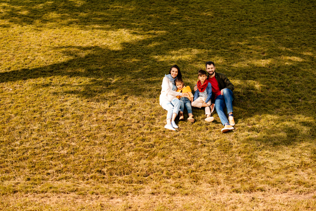 Famille assise sur une colline herbeuse
  - Photo, image