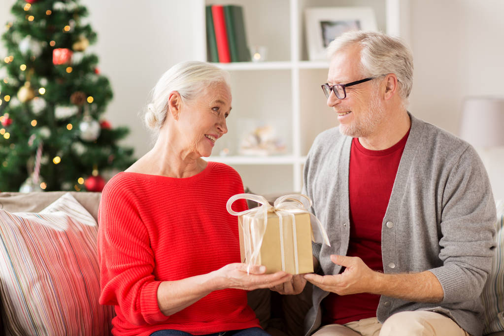 glücklich lächelndes Seniorenpaar mit Weihnachtsgeschenk - Foto, Bild